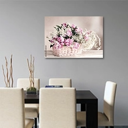 «Розовые пионы в корзине №4» в интерьере современной кухни над столом