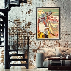 «Funambules» в интерьере двухярусной гостиной в стиле лофт с кирпичной стеной