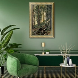 «Ручей в лесу 2» в интерьере гостиной в зеленых тонах