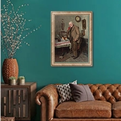 «A questionable vintage» в интерьере гостиной с зеленой стеной над диваном