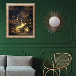 «A Monkey and a Dog with Dead Game and Fruit» в интерьере классической гостиной с зеленой стеной над диваном