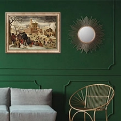 «Зимний пейзаж 11» в интерьере классической гостиной с зеленой стеной над диваном