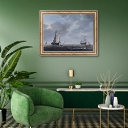 «Голландские военные корабли в бриз» в интерьере гостиной в зеленых тонах