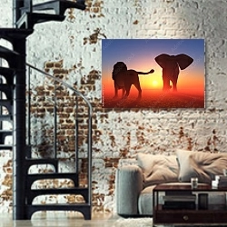 «Лев и слон на закате» в интерьере двухярусной гостиной в стиле лофт с кирпичной стеной