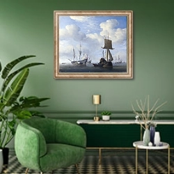 «Английский и голландский корабль на приколе» в интерьере гостиной в зеленых тонах