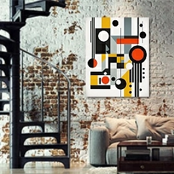 «Composition №28» в интерьере двухярусной гостиной в стиле лофт с кирпичной стеной