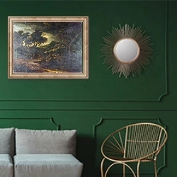 «Штормовой пейзаж» в интерьере классической гостиной с зеленой стеной над диваном