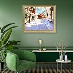 «First snow 1» в интерьере гостиной в зеленых тонах