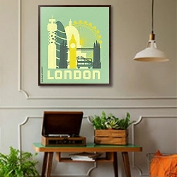 «Символы Лондона #2» в интерьере комнаты в стиле ретро с проигрывателем виниловых пластинок