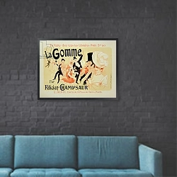 «Reproduction of a poster advertising 'La Gomme', by Felicien Champsaur» в интерьере в стиле лофт с черной кирпичной стеной
