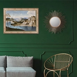 «Пейзаж - Река среди гор» в интерьере классической гостиной с зеленой стеной над диваном