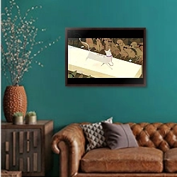 «Catwalk, 2016,» в интерьере гостиной с зеленой стеной над диваном