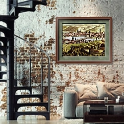 «View of Prague» в интерьере двухярусной гостиной в стиле лофт с кирпичной стеной
