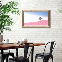 «Дерево на розовом поле» в интерьере столовой в скандинавском стиле с кирпичной стеной