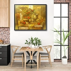 «Натюрморт с бронзовой посудой» в интерьере кухни с кирпичными стенами над столом