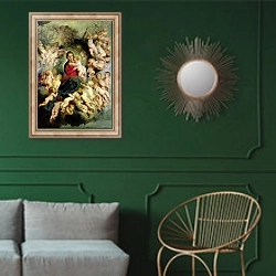 «The Virgin and Child surrounded by the Holy Innocents or, The Virgin with Angels, 1618» в интерьере классической гостиной с зеленой стеной над диваном