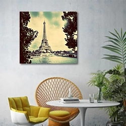 «Франция, Париж. Вид на Эйфелеву башню с Сены» в интерьере современной гостиной с желтым креслом