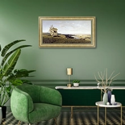 «Крестьянская девочка. 1876 Украинский пейзаж» в интерьере гостиной в зеленых тонах