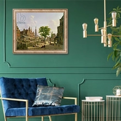«Dutch town scene with canal» в интерьере в классическом стиле с зеленой стеной