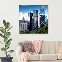 «Китай, Гонконг. Центр города с небоскребами» в интерьере современной светлой гостиной над диваном