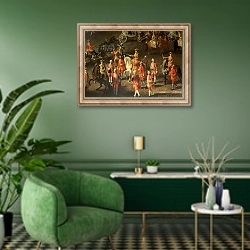 «A Cavalcade in the Winter Riding School of the Vienna Hof, 1743» в интерьере гостиной в зеленых тонах