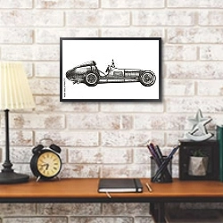 «Иллюстрация с винтажным гоночным автомобилем» в интерьере кабинета в стиле лофт над столом