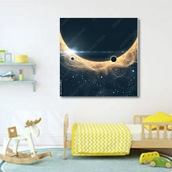 « Планета с абстрактными линиями света в фоне звездного неба» в интерьере детской комнаты для мальчика с игрушками