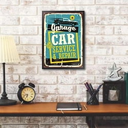 «Автосервис, ретро плакат» в интерьере кабинета в стиле лофт над столом