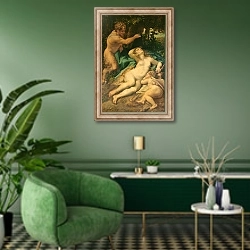 «Venus, Satyr and Cupid, 1528» в интерьере гостиной в зеленых тонах