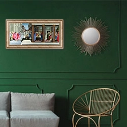«Четыре сцены из старой жизни Святого Зиновия» в интерьере классической гостиной с зеленой стеной над диваном
