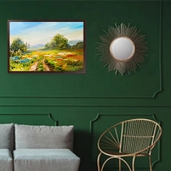 «Красочное поле цветов» в интерьере классической гостиной с зеленой стеной над диваном