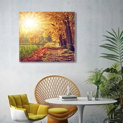 «Чехия. Осенний пейзаж с прудом» в интерьере современной гостиной с желтым креслом