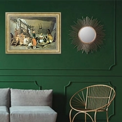 «Парижское гулянье. Эскиз. 1863-64» в интерьере классической гостиной с зеленой стеной над диваном