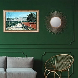 «Landscape in Provence. View from Saint-Saturnin-d'Apt, 1867» в интерьере классической гостиной с зеленой стеной над диваном