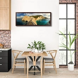 «Греция. Лефкада. Порто Кацики» в интерьере кухни с кирпичными стенами над столом