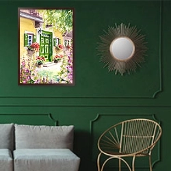 «Дом с зеленой дверью, акварель» в интерьере классической гостиной с зеленой стеной над диваном