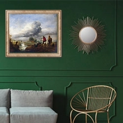 «Часовые, наблюдающие за потоком» в интерьере классической гостиной с зеленой стеной над диваном