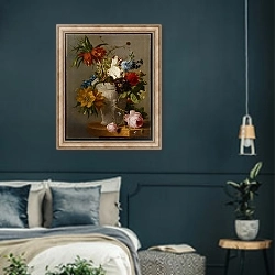 «An Arrangement with Flowers, 19th century» в интерьере классической спальни с темными стенами