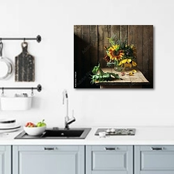 «Натюрморт с подсолнухами 1» в интерьере кухни над мойкой
