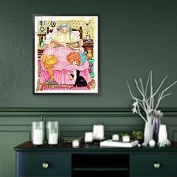 «Grandma and 2 cats and a pink bed» в интерьере прихожей в зеленых тонах над комодом