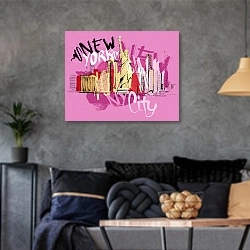 «Розовый Нью-Йорк» в интерьере гостиной в стиле лофт в серых тонах