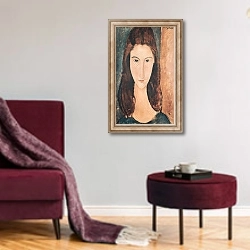 «Portrait of a Young Girl» в интерьере гостиной в бордовых тонах