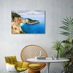 «Panoramic views of the Bay of Navagio» в интерьере современной гостиной с желтым креслом