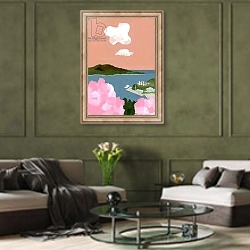 «Cherry blossoms and harbors» в интерьере гостиной в оливковых тонах