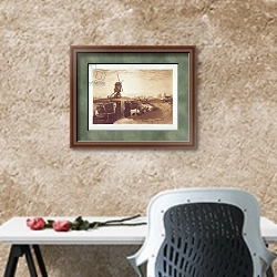 «Windmill and Lock, engraved by William Say» в интерьере кабинета с песочной стеной над столом