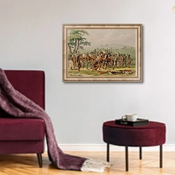 «Mandan Archery Contest, c.1832» в интерьере гостиной в бордовых тонах