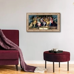 «Apollo and the Muses, 1600» в интерьере гостиной в бордовых тонах