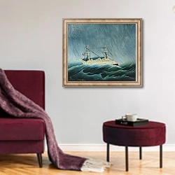 «The storm-tossed vessel, c.1899» в интерьере гостиной в бордовых тонах