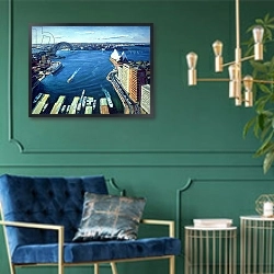 «Sydney Harbour, PM, 1995» в интерьере зеленой гостиной над диваном