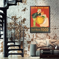 «Don’t waste food, lick the platter clean» в интерьере двухярусной гостиной в стиле лофт с кирпичной стеной